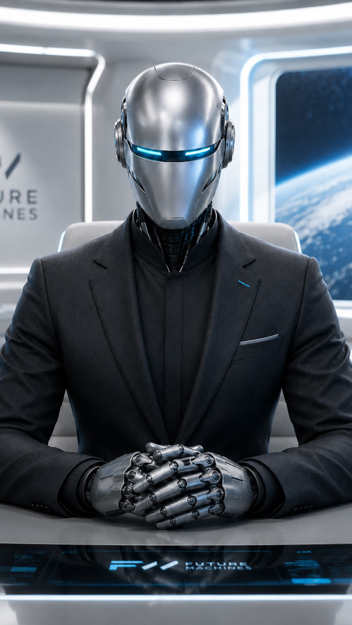 FutureMachines robot presenter in a dark orbital studio