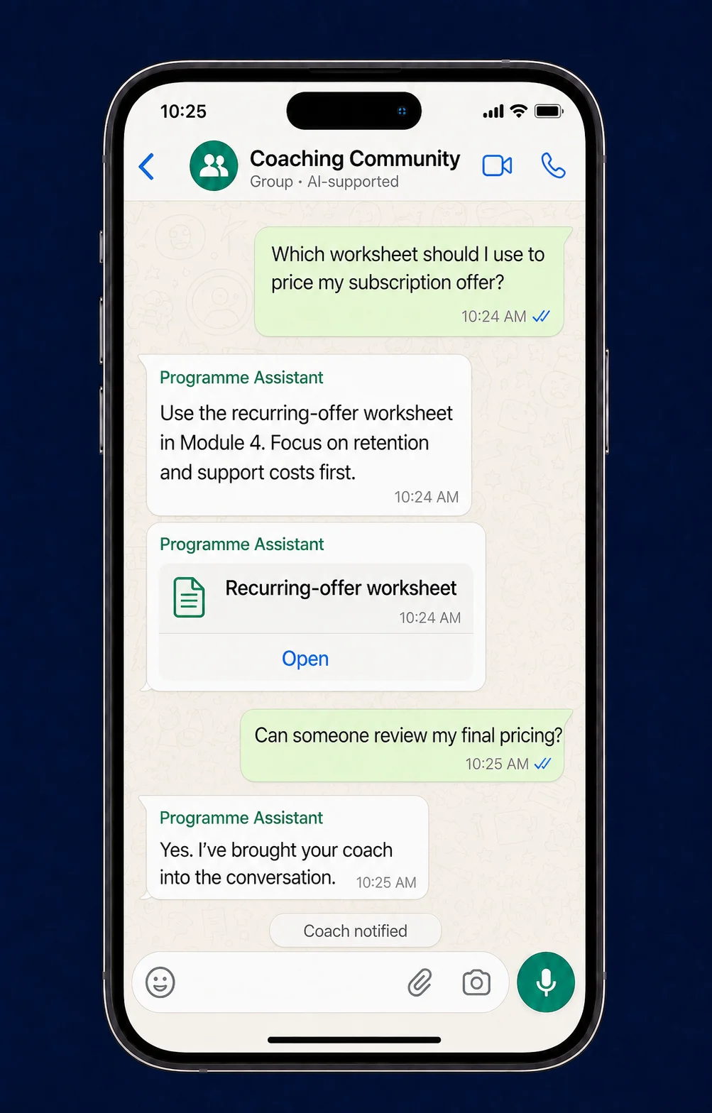 Illustrative WhatsApp coaching group where an AI assistant retrieves a worksheet and involves a coach